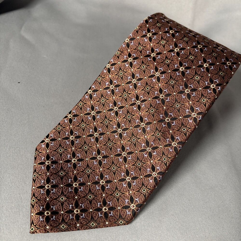 NWT Luciano Gatti Tie Brown Gold‎ Blue Floral Geometric Jacquard L:58” W:4”